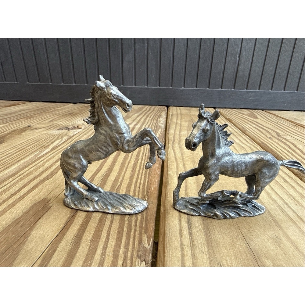 Two Vintage Pewter Horse Figurines 4" And 3" Rearing Stallion And Galloping